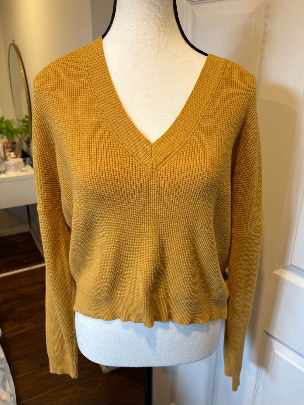 Sage the Label Mustard Waffle Knit V-Neck Sweater Medium